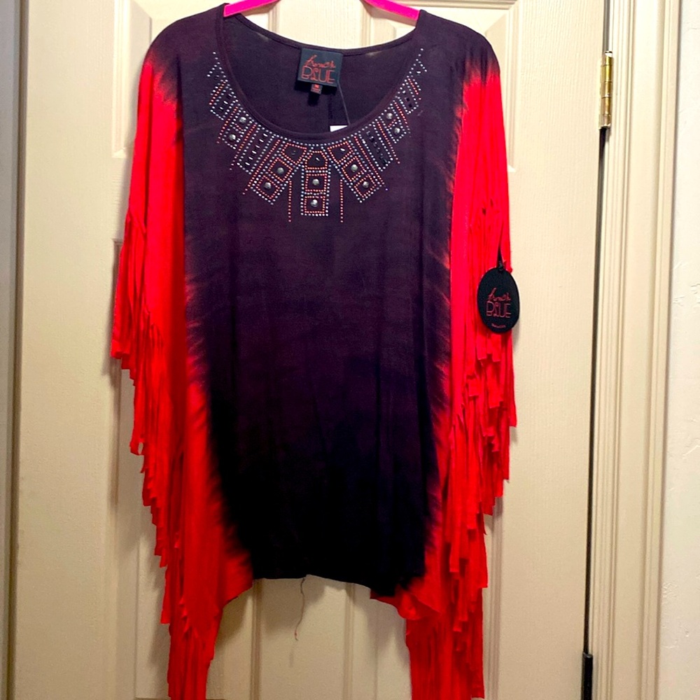 Fringe blouse, red and brown tie-dye with rhinestones size medium
